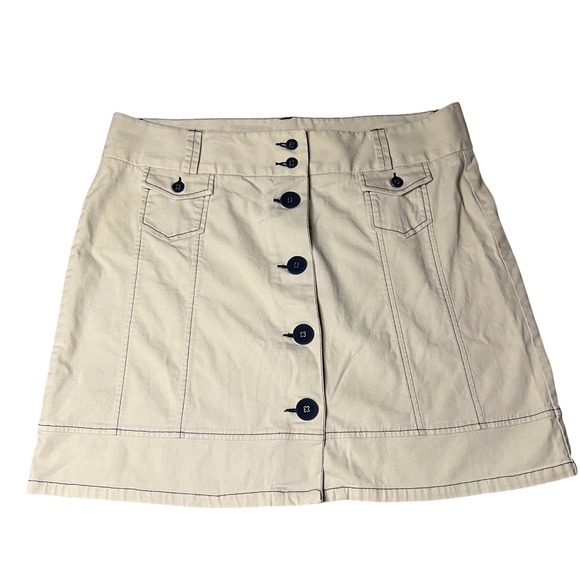 L.L. Bean Dresses & Skirts - LL Bean Khaki Tan Canvas Button Front Mini Skirt Navy Contrast Stitching 16 Reg